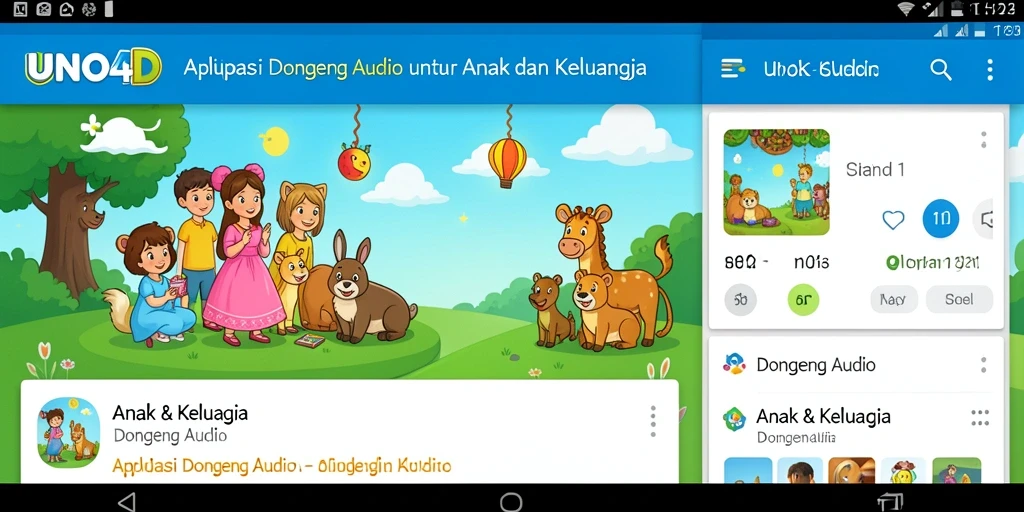 Antarmuka aplikasi UNO4D menampilkan berbagai pilihan dongeng audio dengan tampilan yang ramah anak.